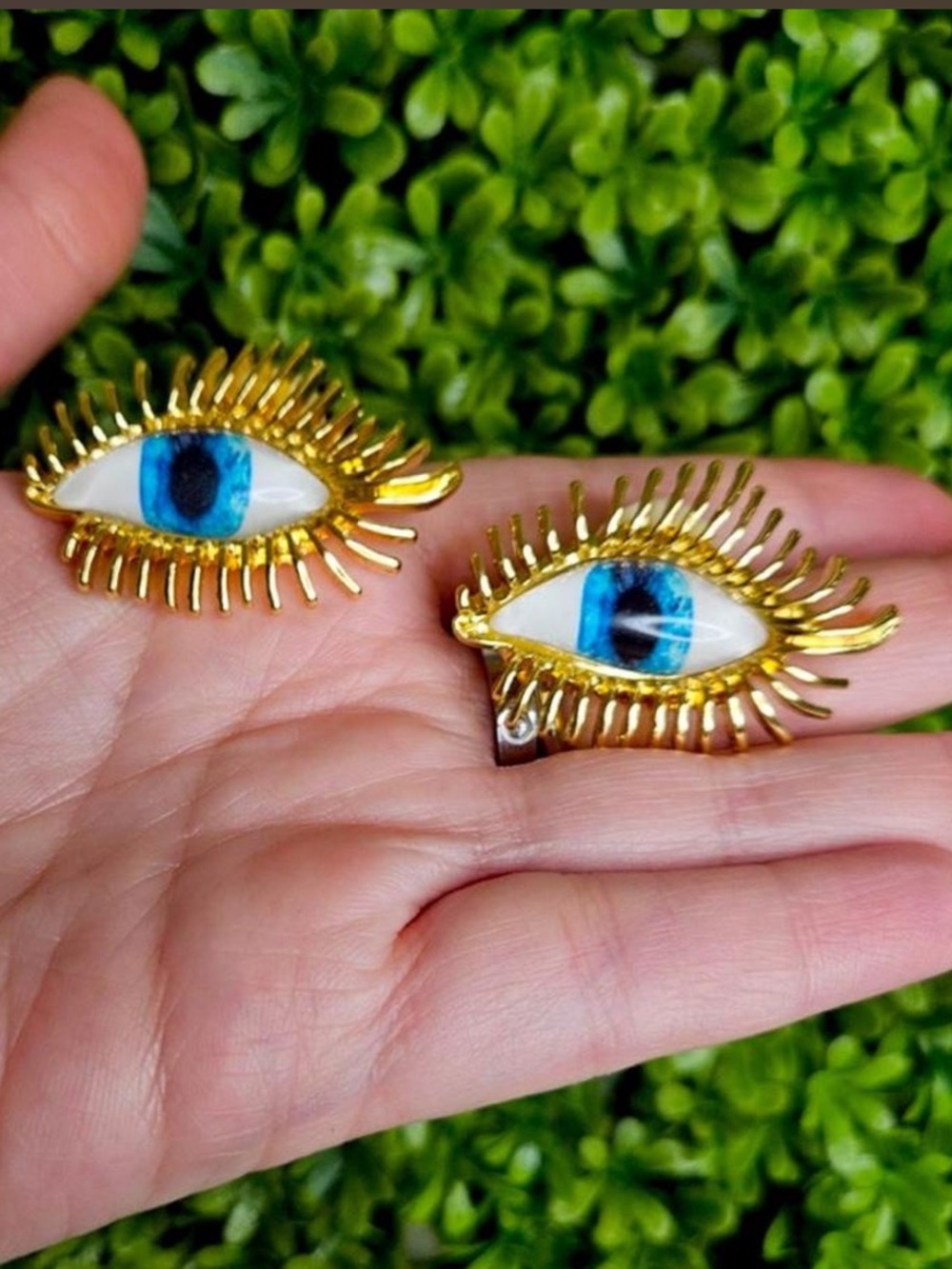 Schiaparelli Gold Eye Statement Earrings with Blue Iris